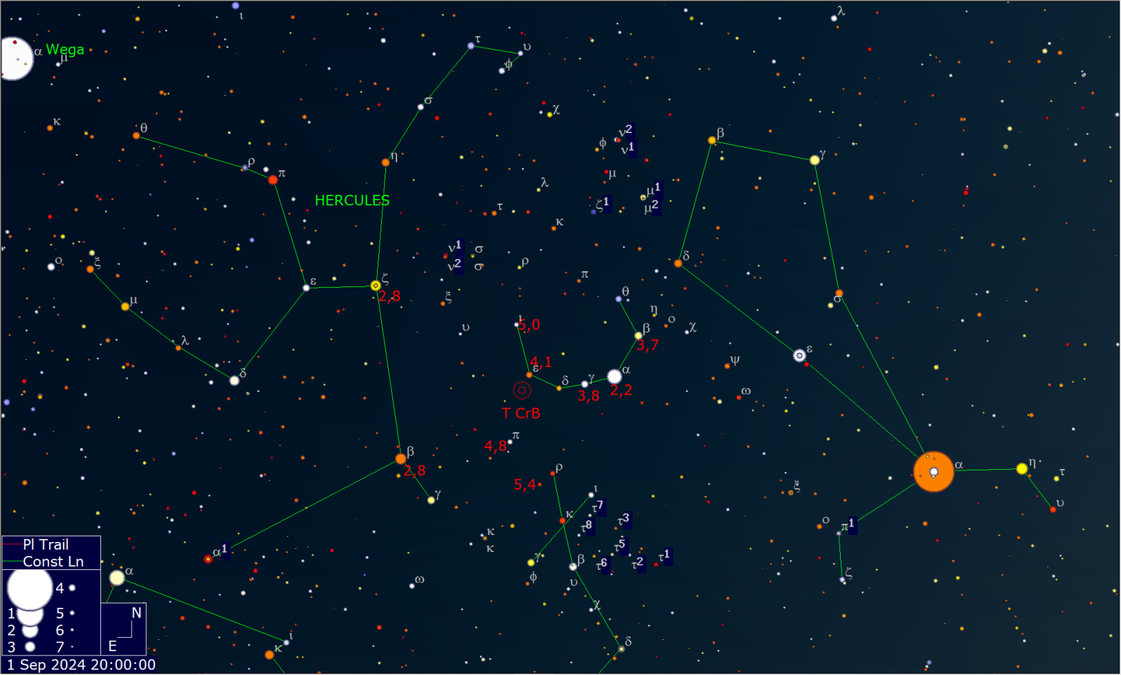 Zoekkaart T Corona Borealis met AAVSO-helderheden